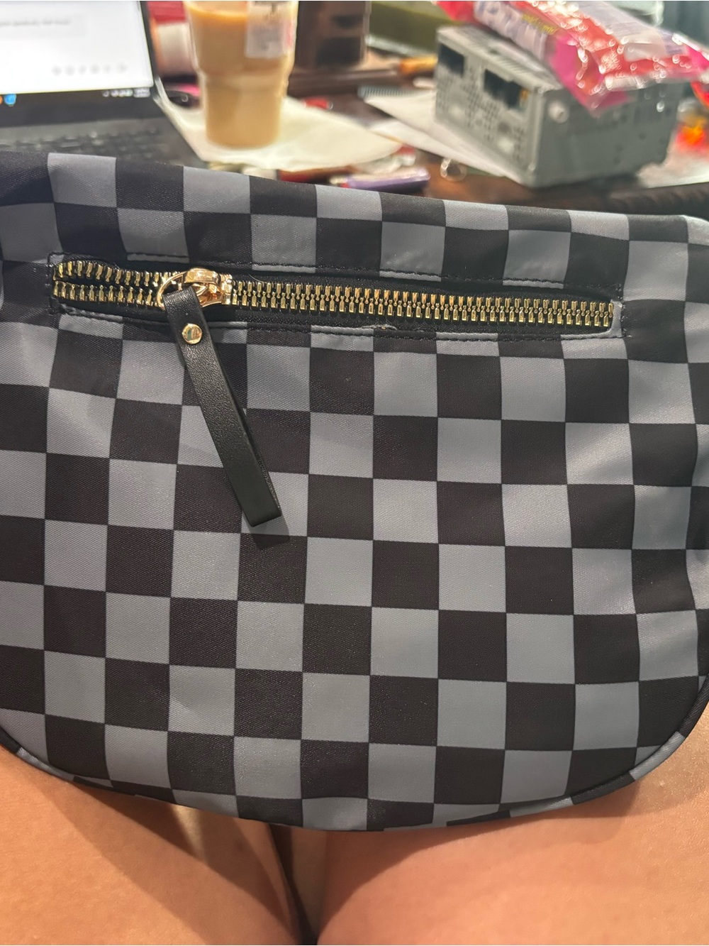 Checkerboard Crossbody Bag with Gold Zipper - Black and Gray